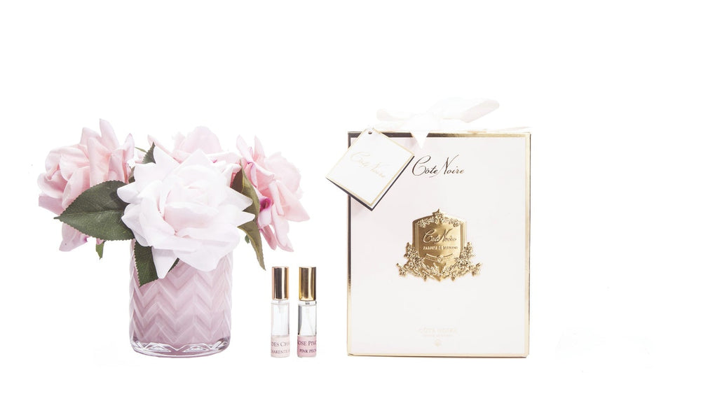 
                  
                    Cote Noire Herringbone Flowers Pink vase with Pink Roses (peony & pink rose fragrances) HCF03
                  
                