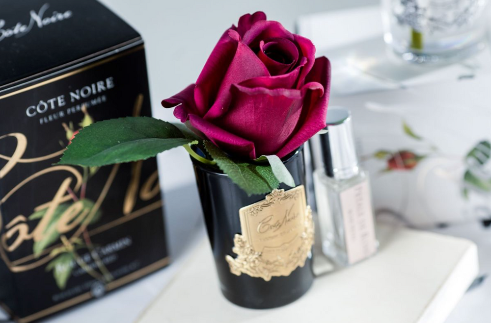 
                  
                    Rosebud in carmine red and black glass vase with a gold crest, sits on a table for dispaly at Natashas Skin Spa, part of our flower delivery service at our beauty salon and florists on City Road in Southbank Melbourne Australia
                  
                