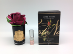 Cote Noire Single Rosebud in Carmine Red, in a black glass vase, presented in a black gift box with a spritzer of rose petal perfume